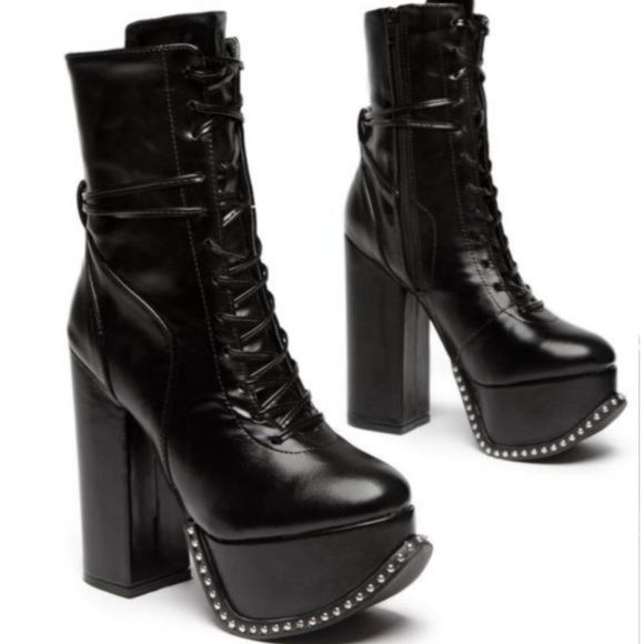 🆕BLACK LEATHER CHUNKY HEEL BEADED PLATFORM LACE-UP IT GIRL CULT STOMPER BOOTS - Picture 3 of 16
